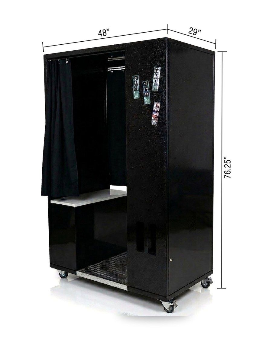 Model 1 enclosed booth dimensions: 48 inches wide, 29 inches deep, 76.25 inches tall