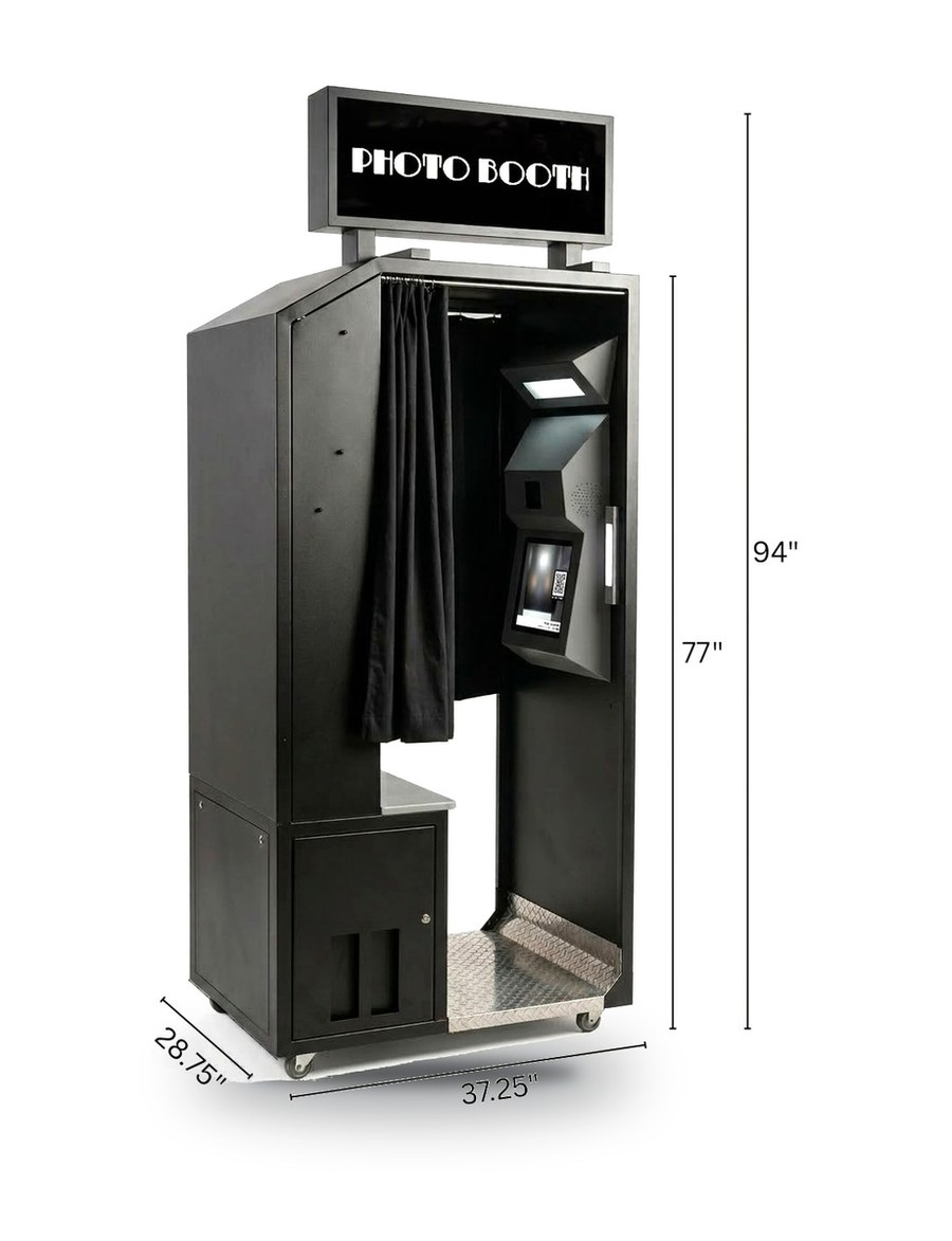 Model 2 vintage-style booth dimensions: 37.25 inches wide, 28.75 inches deep, 77 inches tall, 94 inches with light box