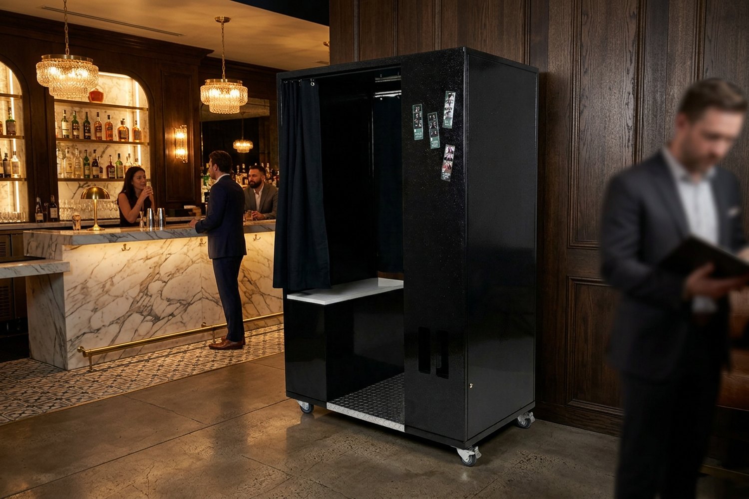 The enclosed photo booth installed in a cocktail bar, with your logo on the light box