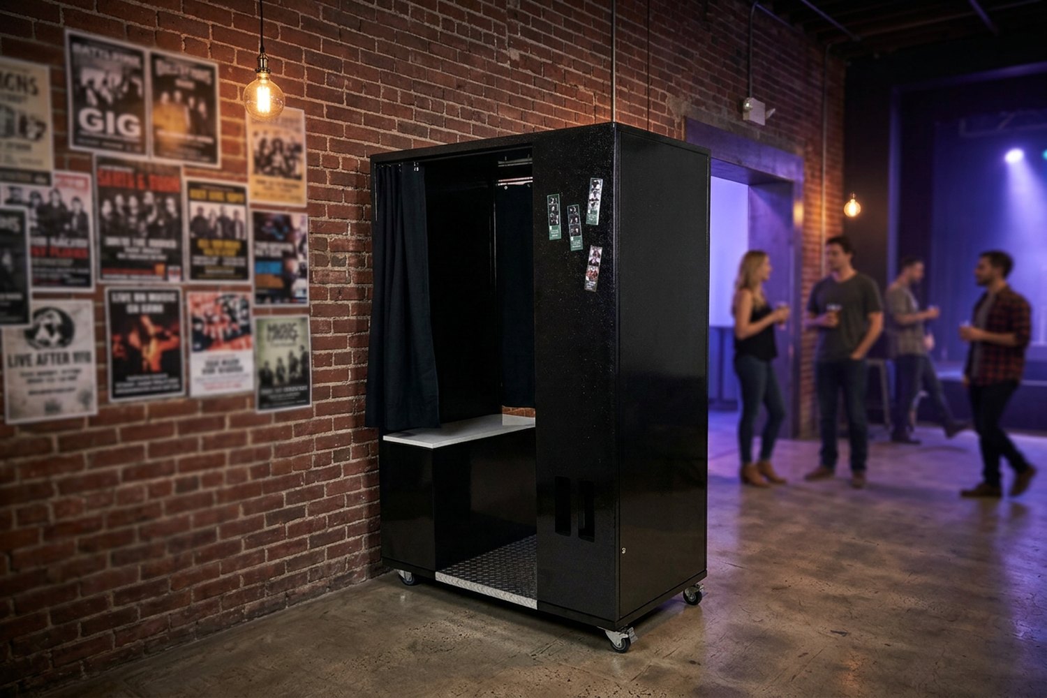 The enclosed photo booth in a live music venue lobby