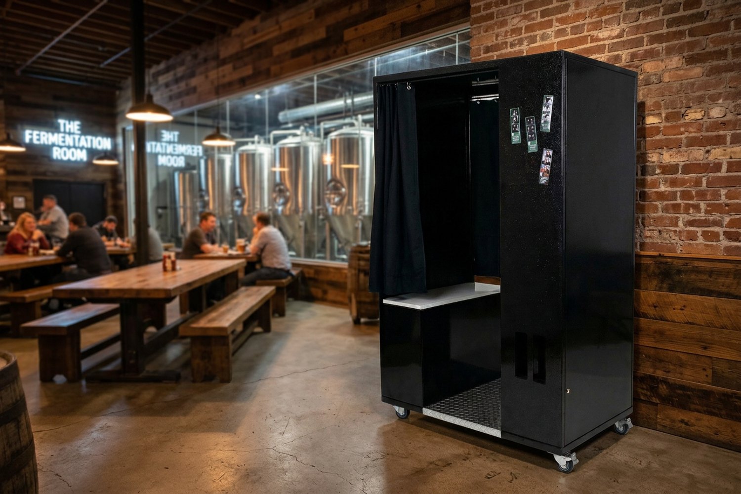The enclosed photo booth in a taproom brewery