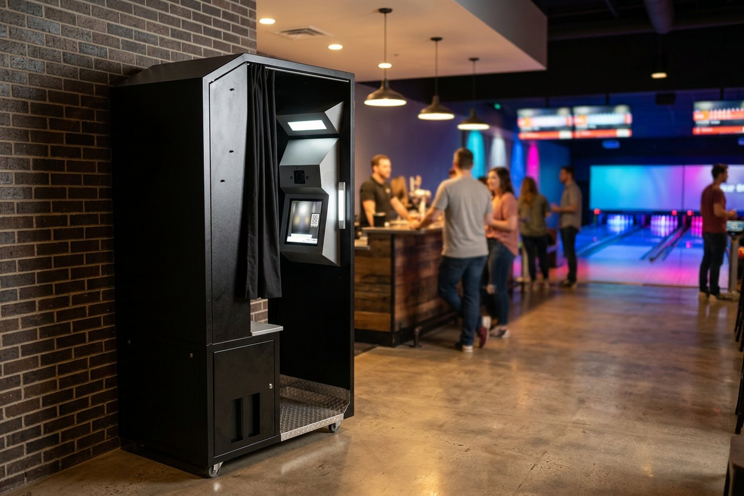 The enclosed photo booth in a bowling lounge